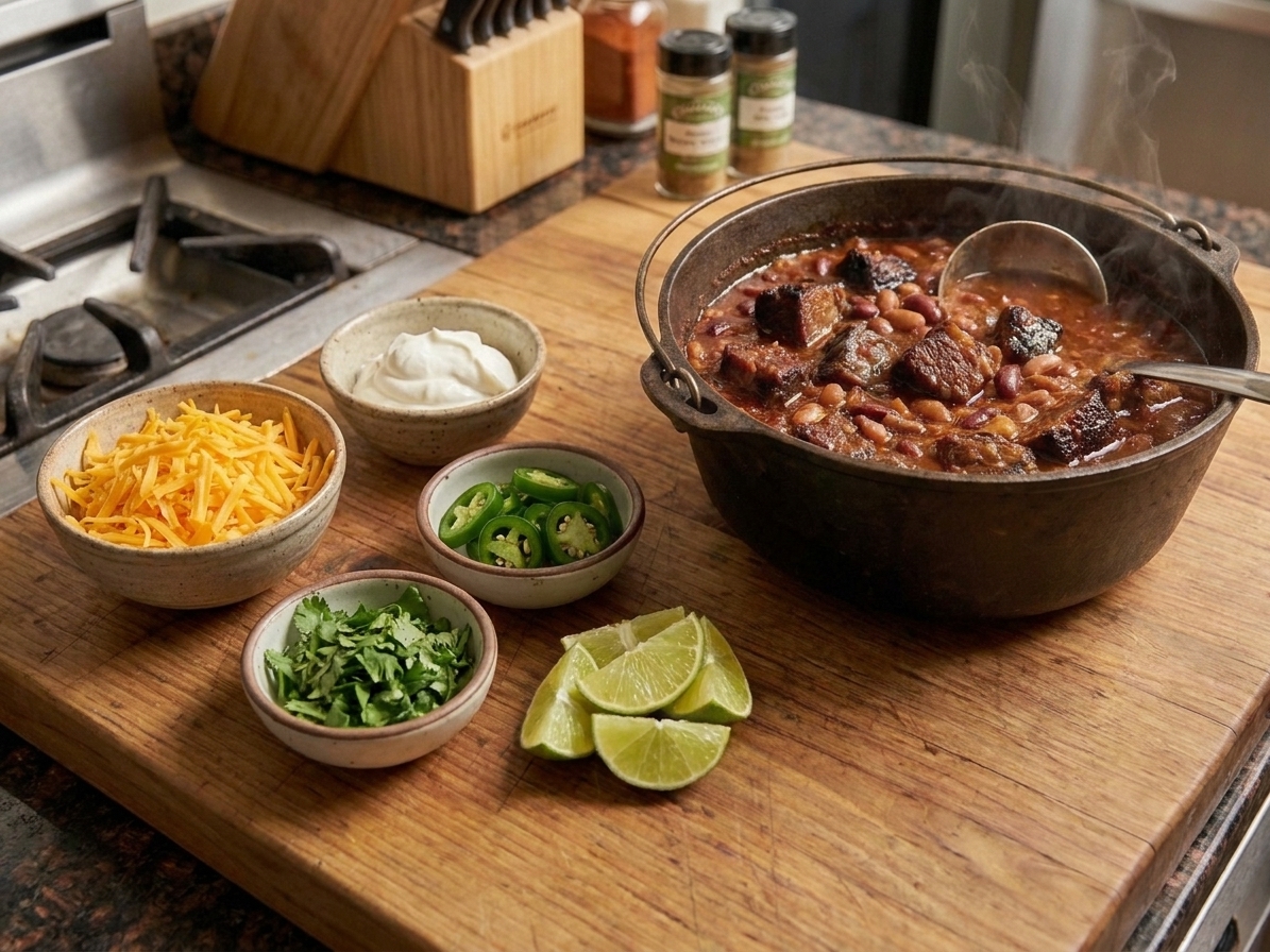 A small toppings setup with shredded cheddar, sour cream, sliced jalapeños, chopped cilantro, and lime wedges beside a pot of chili