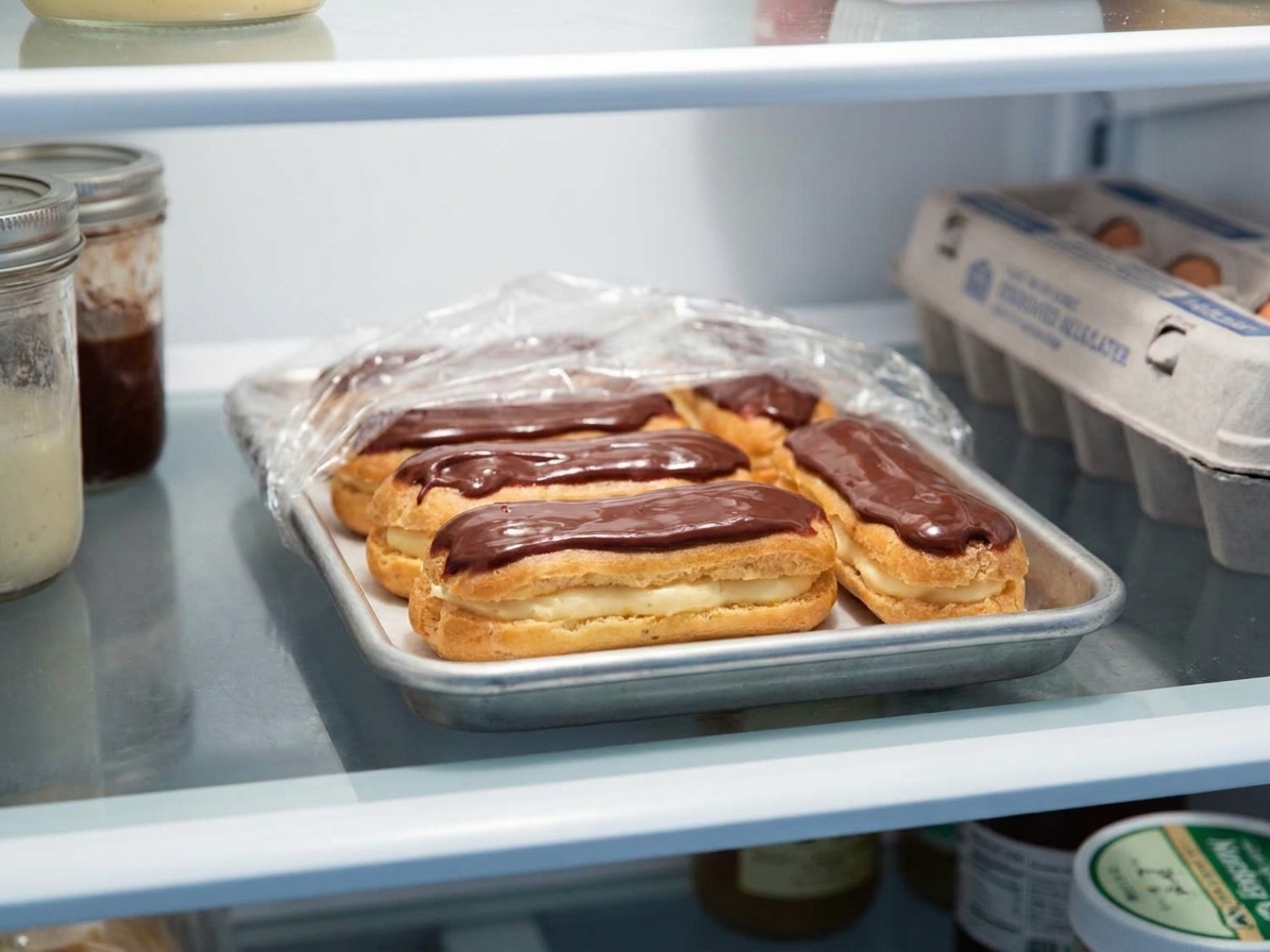 A small tray of filled chocolate éclairs loosely covered in the refrigerator on a glass shelf