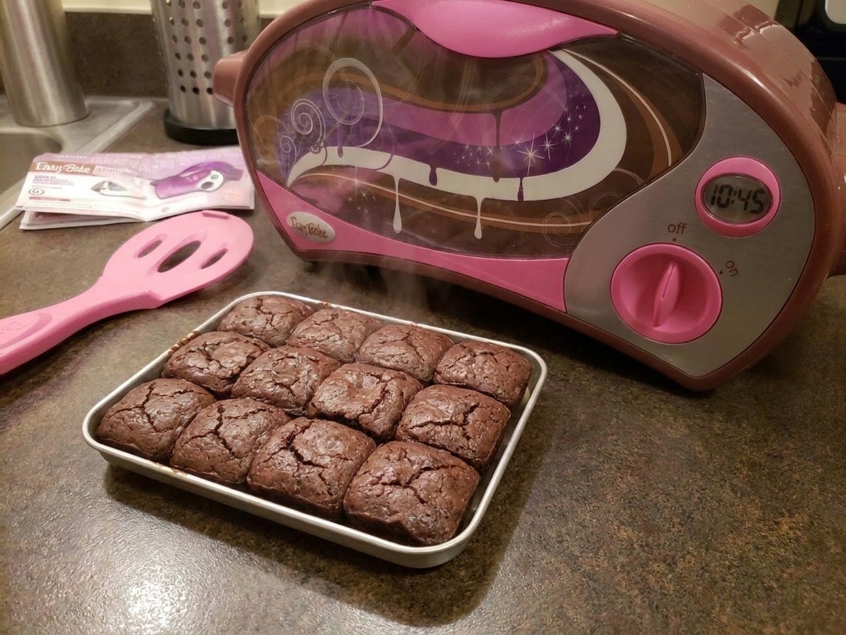 A small tray of fudgy mini brownies cooling on a kitchen counter next to an Easy-Bake style toy oven