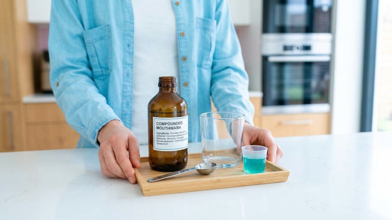 A small tray on a bright kitchen counter holding a labeled pharmacy bottle of mouth rinse, a measuring spoon, a clean glass, and a small medicine dosing cup, shot in natural window light
