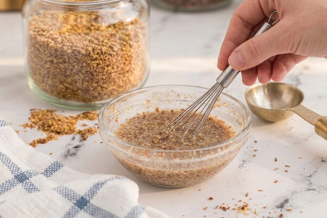 A small whisk stirring ground flaxseed and water in a small ceramic bowl on a kitchen counter
