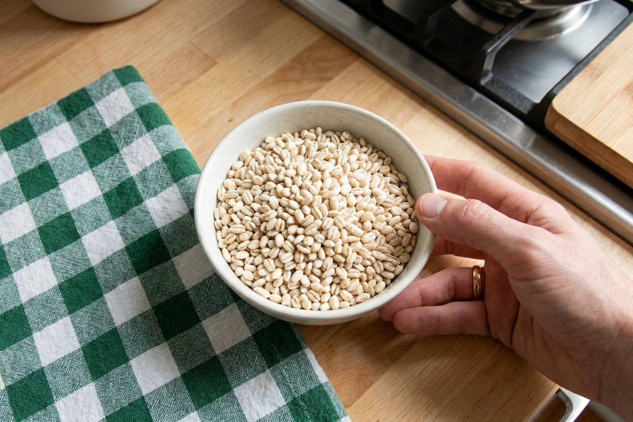A small white bowl filled with dry pearled barley on a kitchen counter