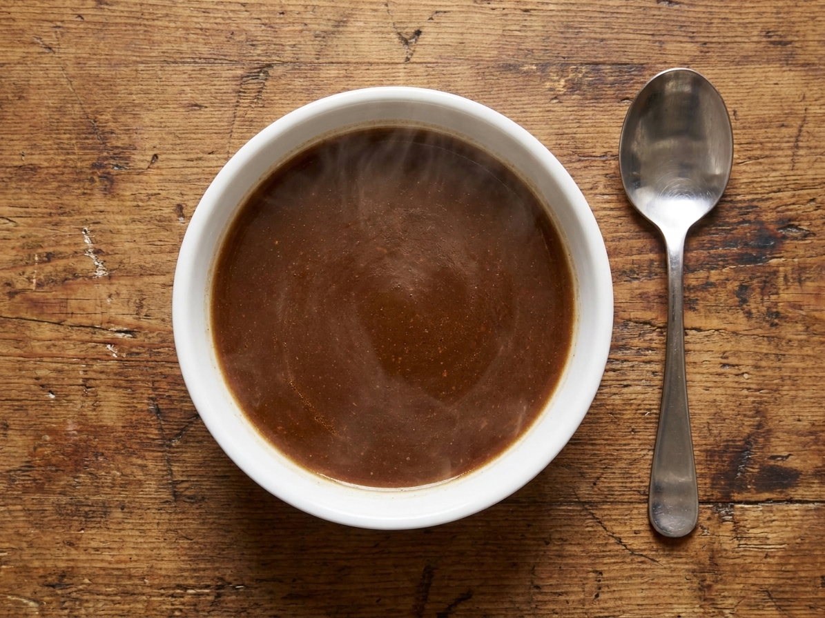 A small white bowl filled with hot au jus gravy on a wooden table, with a spoon beside it
