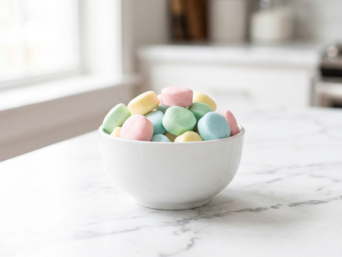 A small white bowl filled with pastel butter mints on a bright kitchen counter with soft natural light