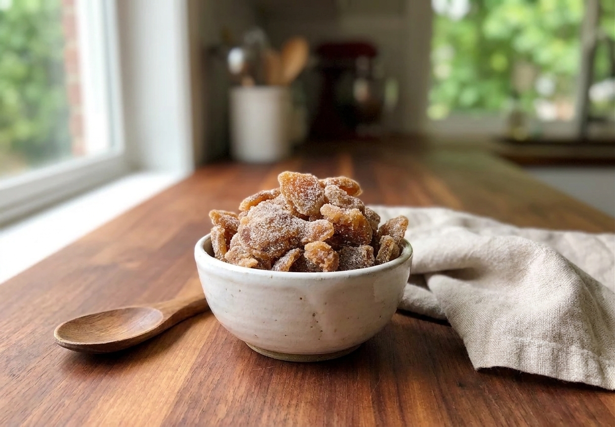 A small white bowl filled with sugar-coated candied ginger slices on a warm kitchen counter, with a wooden spoon and a folded linen towel nearby, natural window light