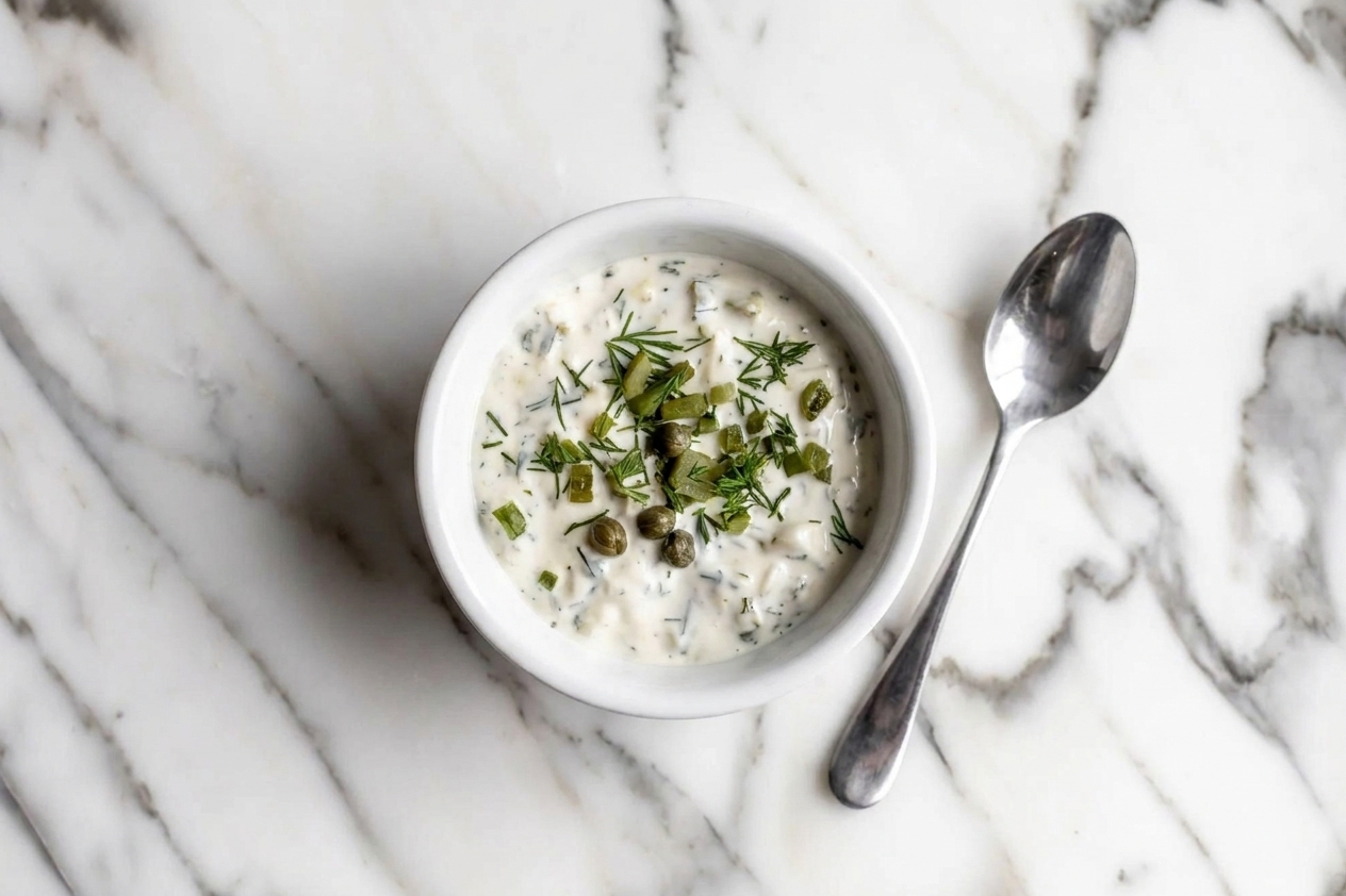 A small white bowl of tartar sauce with visible chopped pickles and herbs sitting on a kitchen counter next to a spoon
