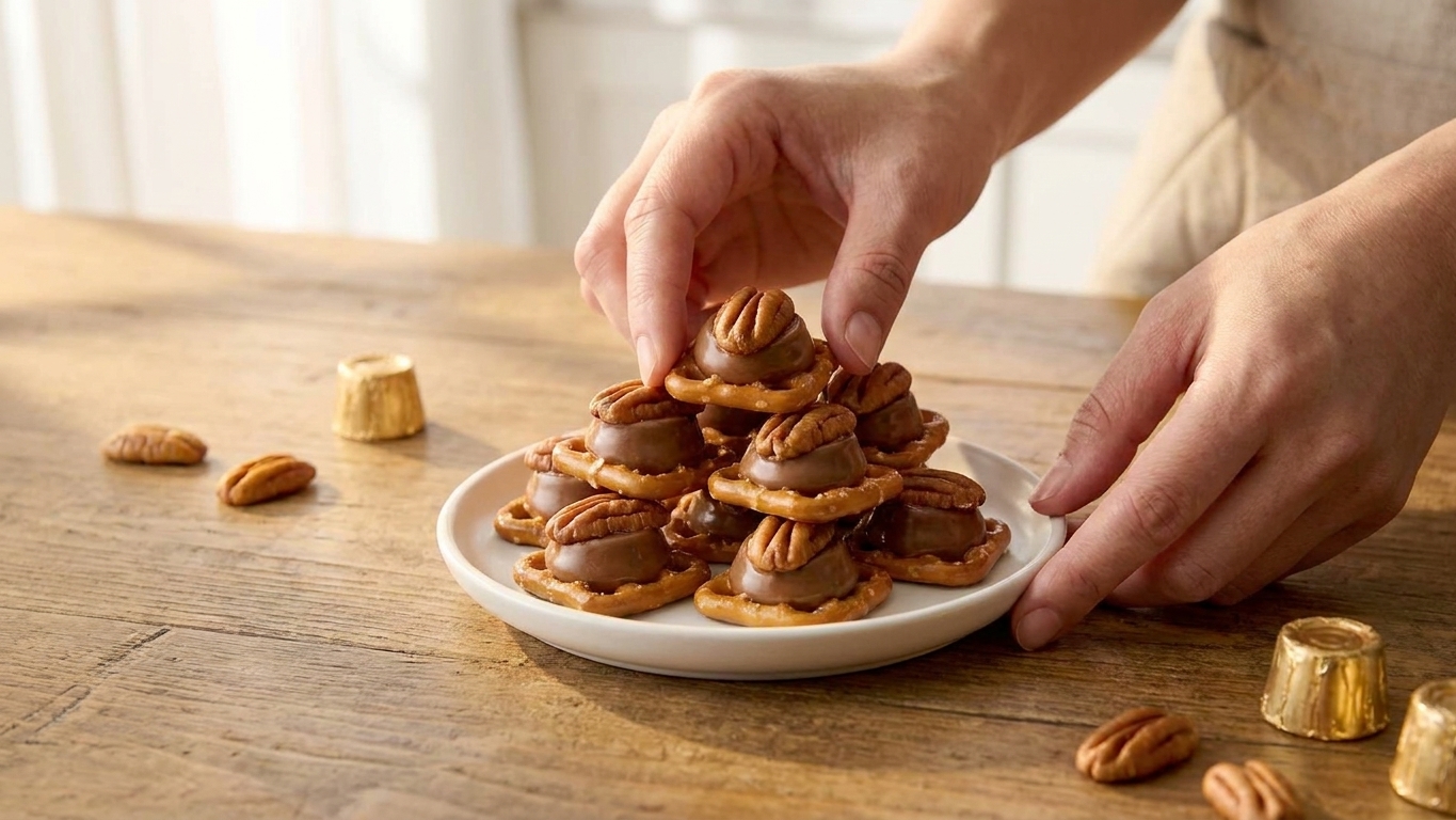 A small white plate stacked with finished Rolo pretzel bites topped with pecans on a wooden table with soft natural light