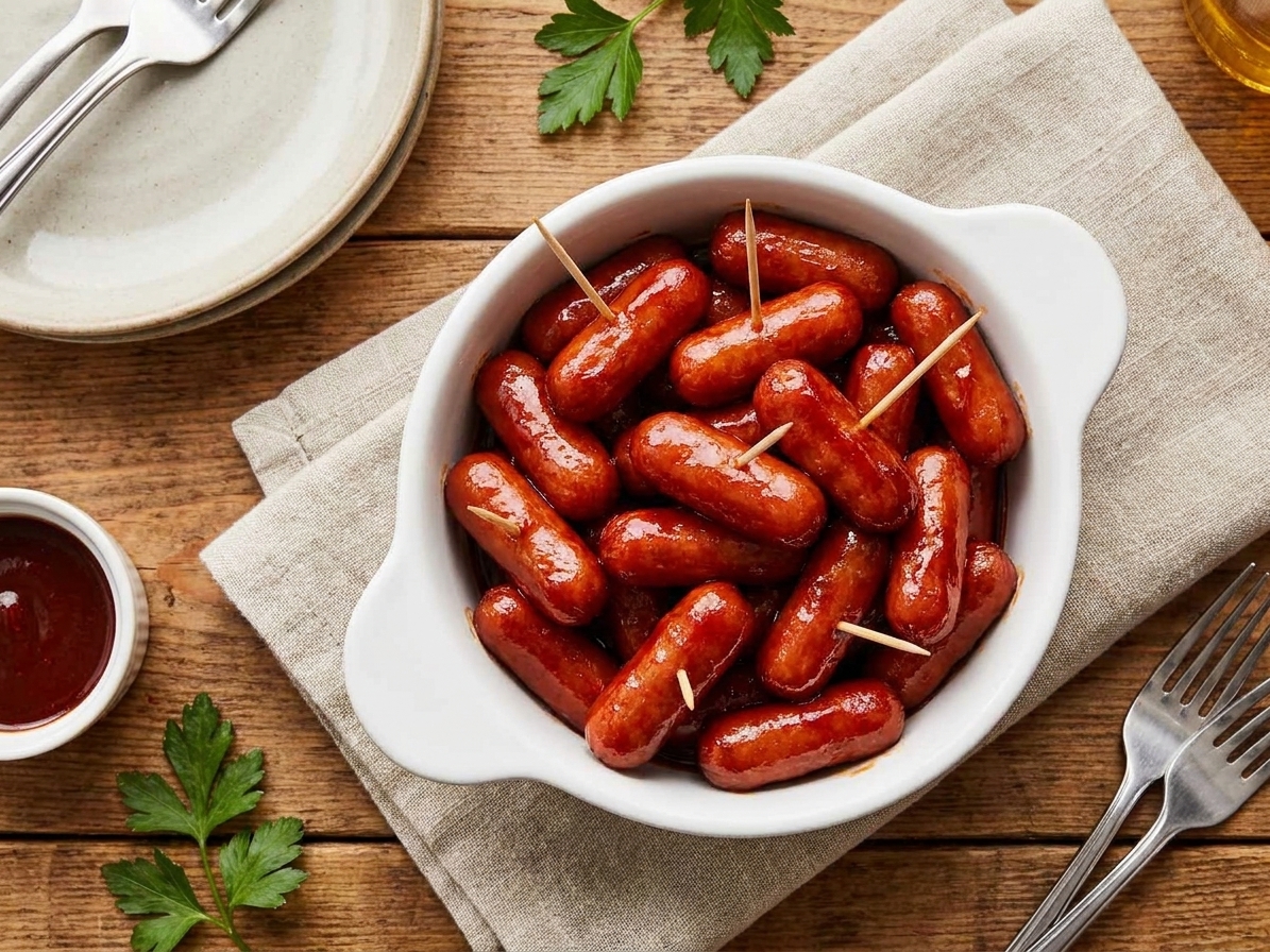 A small white serving bowl filled with glazed little smokies with toothpicks, set on a wooden table with napkins and a simple table setting
