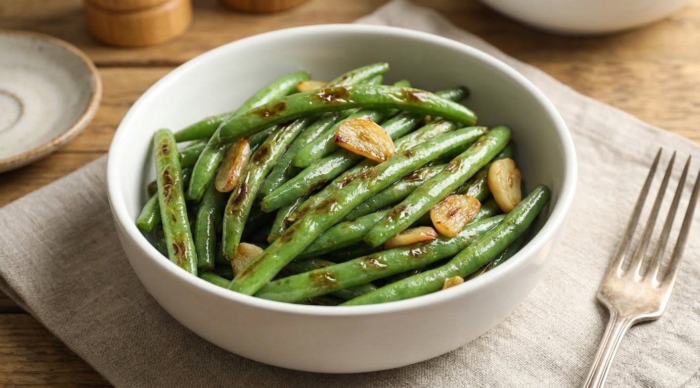 A small-white serving bowl filled with glossy garlic green beans with crisp browned spots on a simple dinner table setting