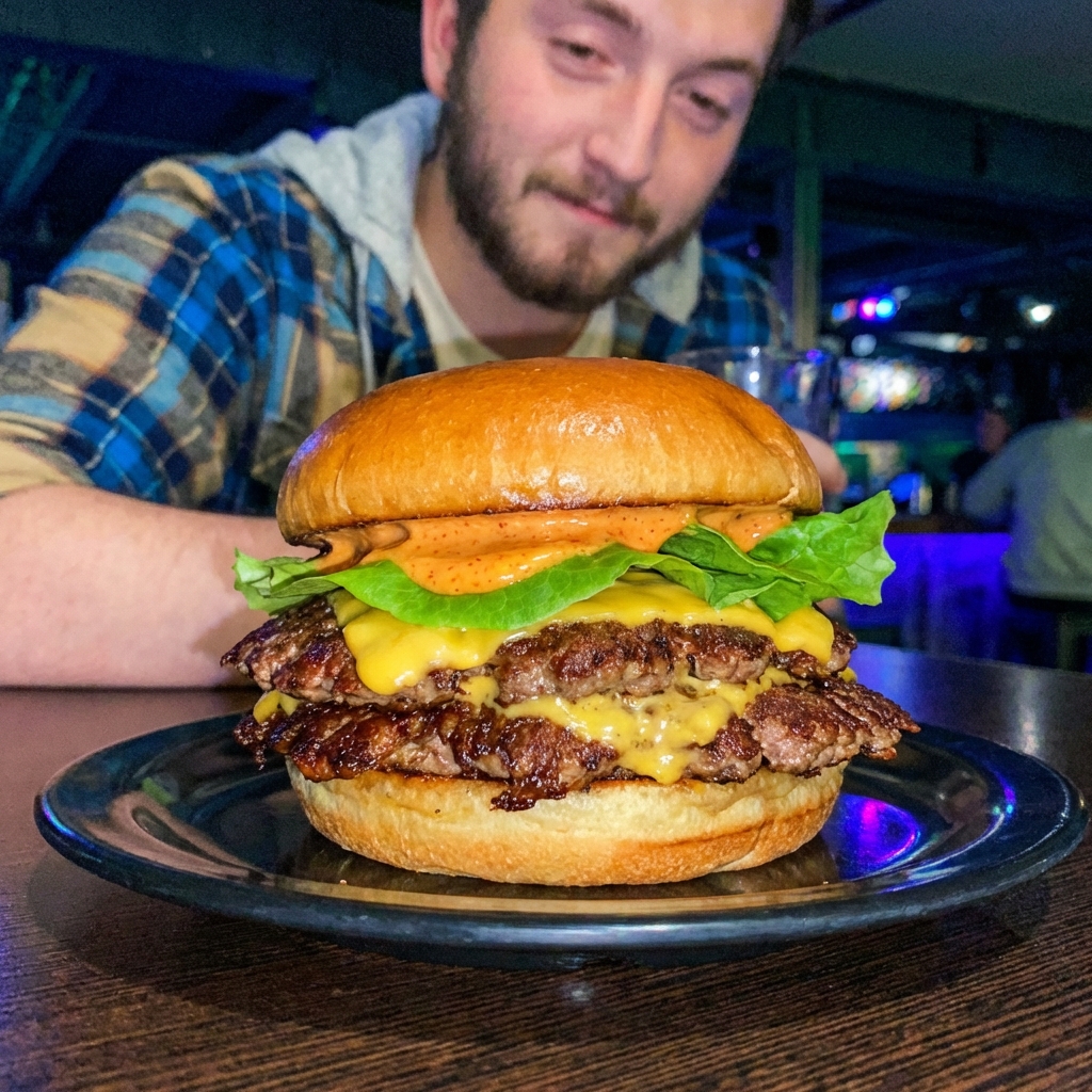 A smash burger on a toasted bun with lettuce and a swipe of spicy mayo