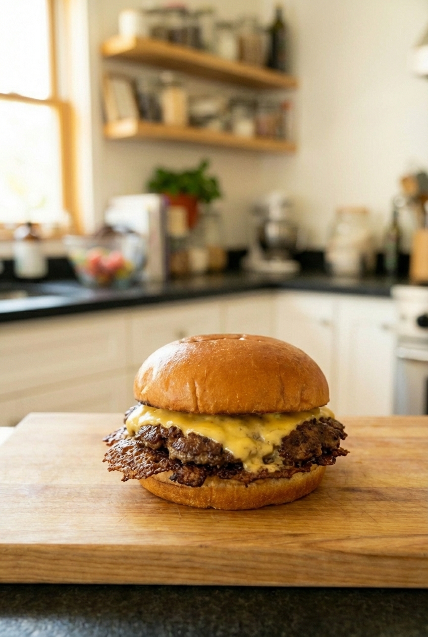 A smash burger with a browned patty and melted cheese on a toasted bun