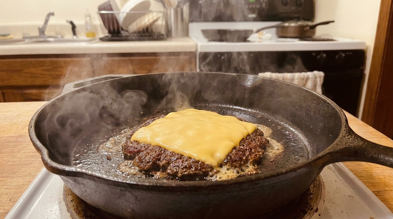 A smashed burger patty in a skillet with a slice of American cheese melting over the top and browned crispy edges visible