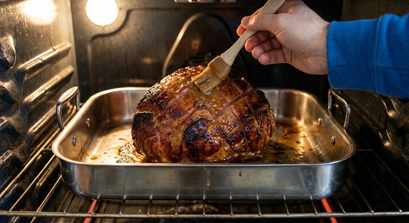 A smoked ham in a roasting pan in the oven, glossy with honey mustard glaze and starting to caramelize