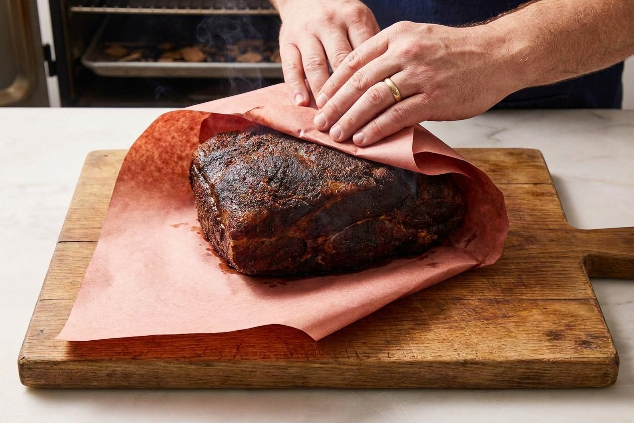 A smoked pork butt being wrapped tightly in pink butcher paper on a wooden cutting board