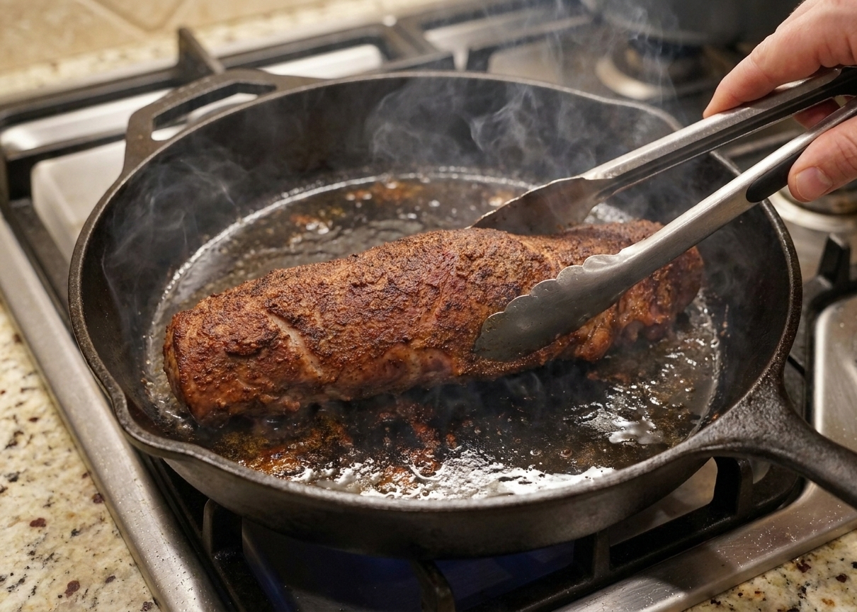 A smoked pork tenderloin being seared in a hot cast iron skillet with browned edges forming