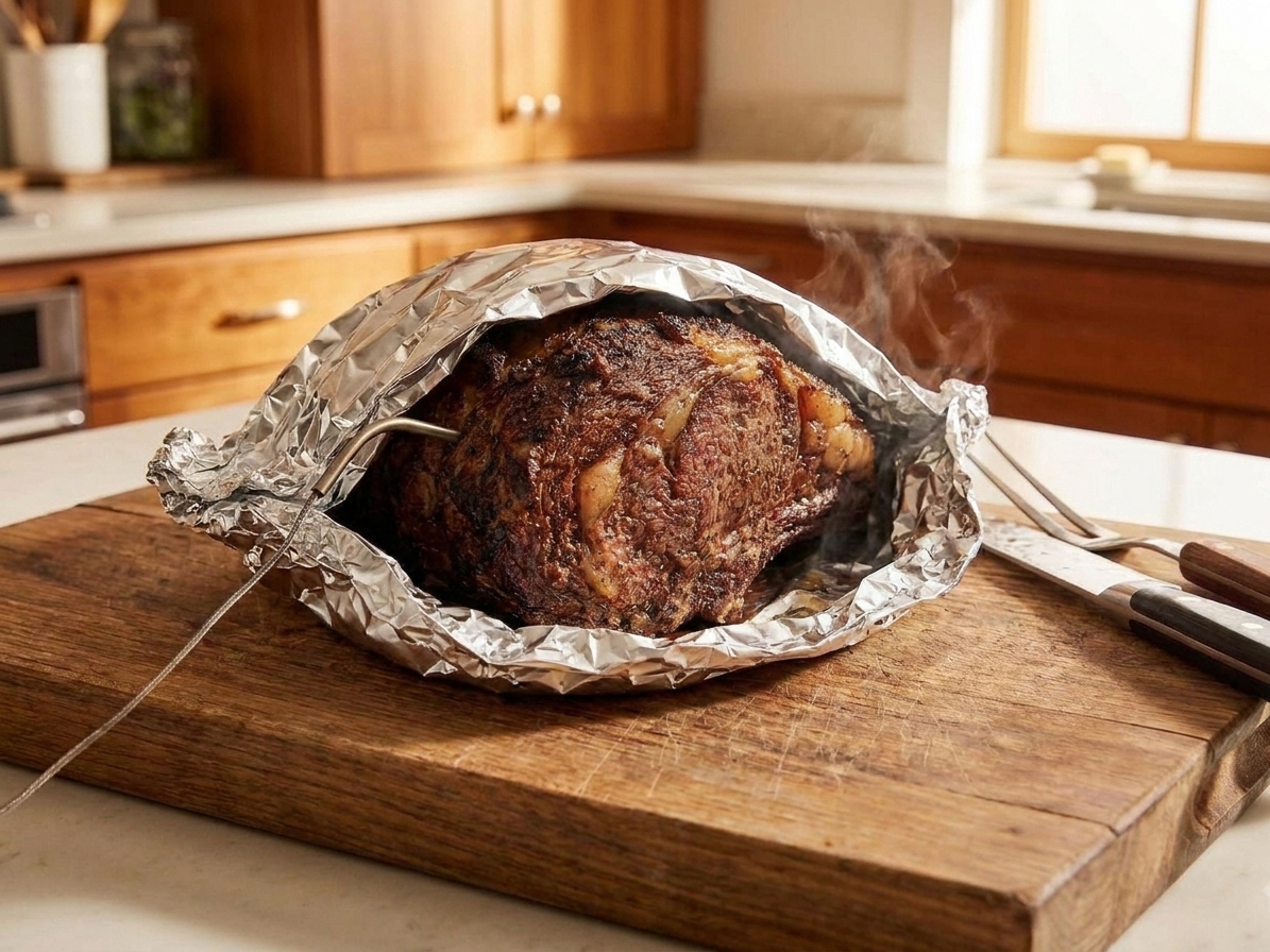 A smoked prime rib roast resting on a cutting board under a loose foil tent with a thermometer nearby on a kitchen counter