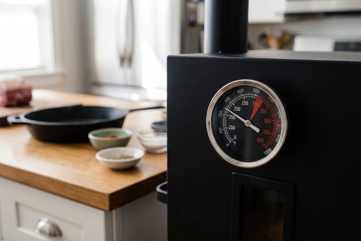 A smoker temperature gauge showing a steady cooking temperature