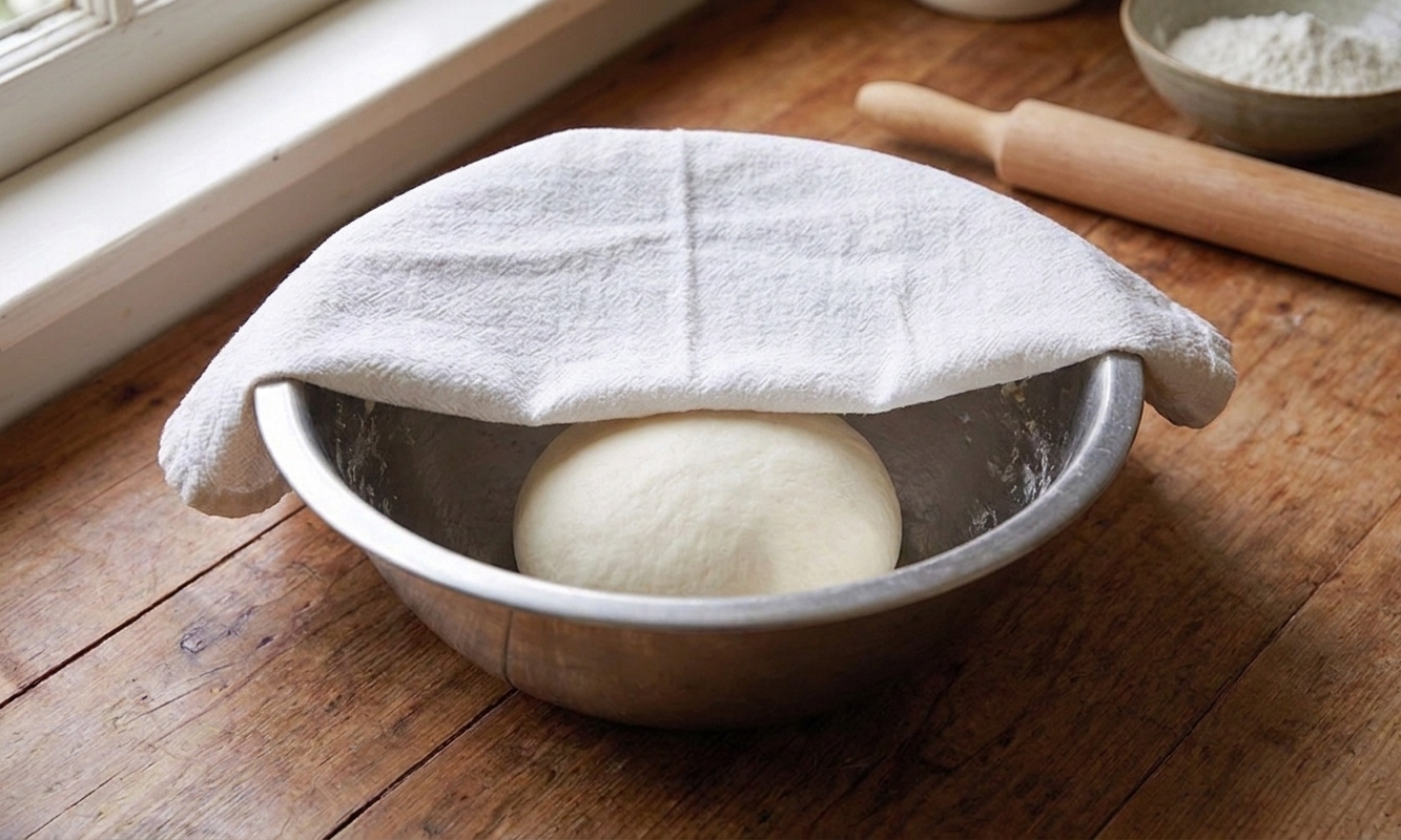A smooth ball of dumpling dough resting under a damp towel in a mixing bowl on a kitchen counter