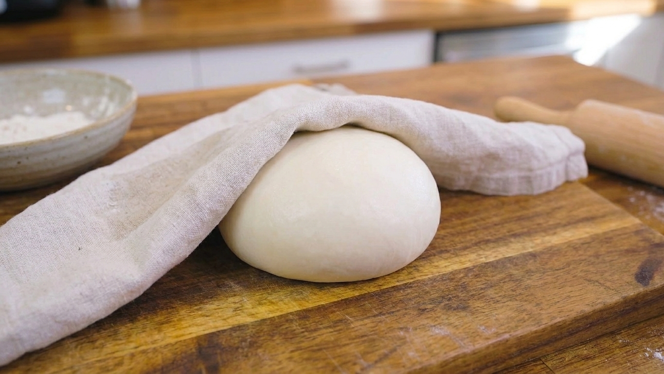 A smooth ball of dumpling dough resting under a damp kitchen towel on a wooden cutting board.