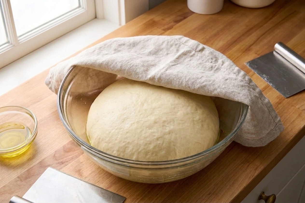 A smooth ball of enriched dough rising in a lightly oiled glass bowl covered with a towel on a warm kitchen counter