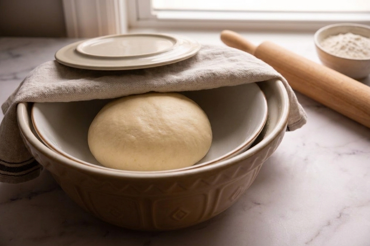 A smooth ball of perogy dough resting in a covered mixing bowl on a kitchen counter