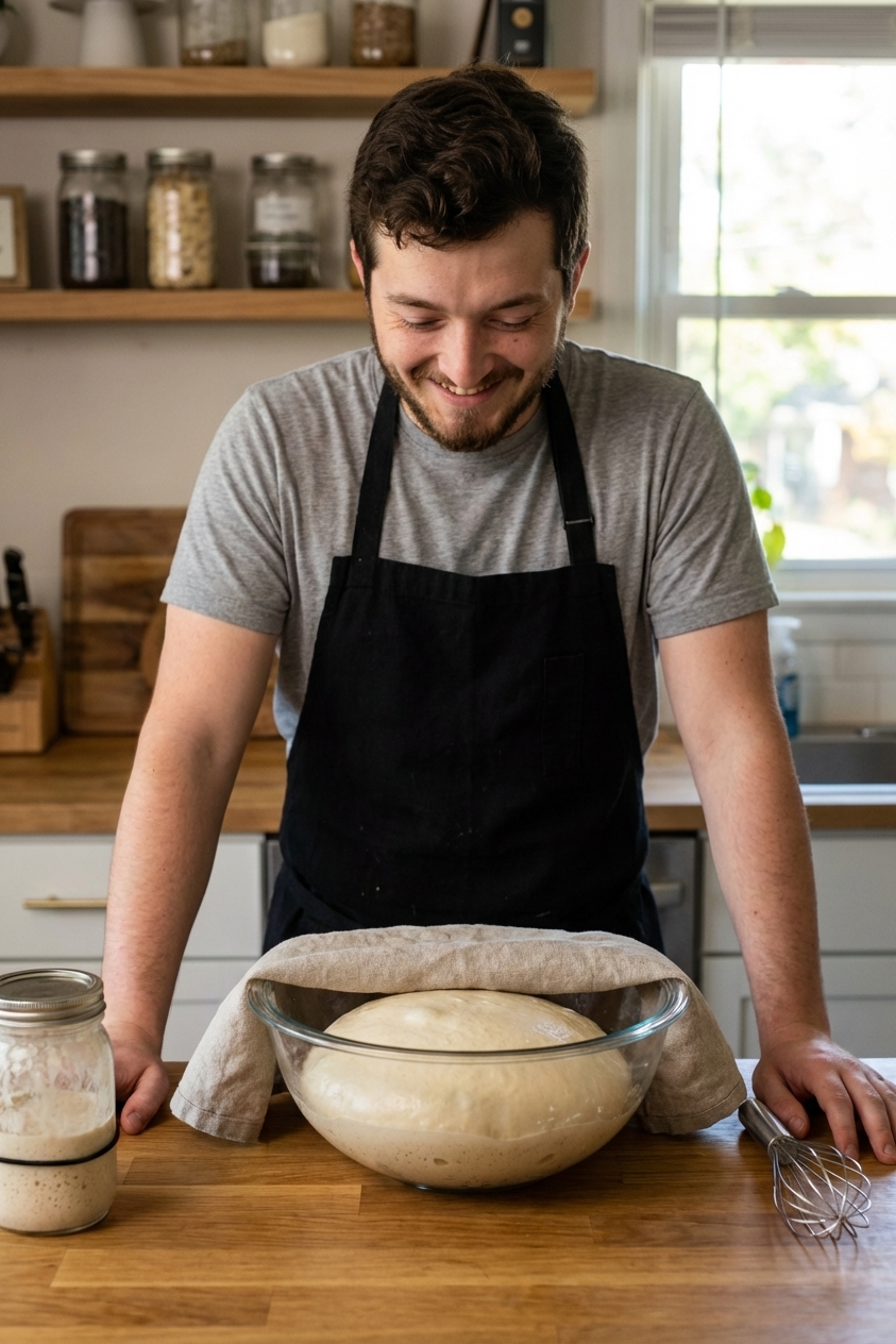 A smooth ball of sourdough pretzel dough rising in a covered bowl on a kitchen counter