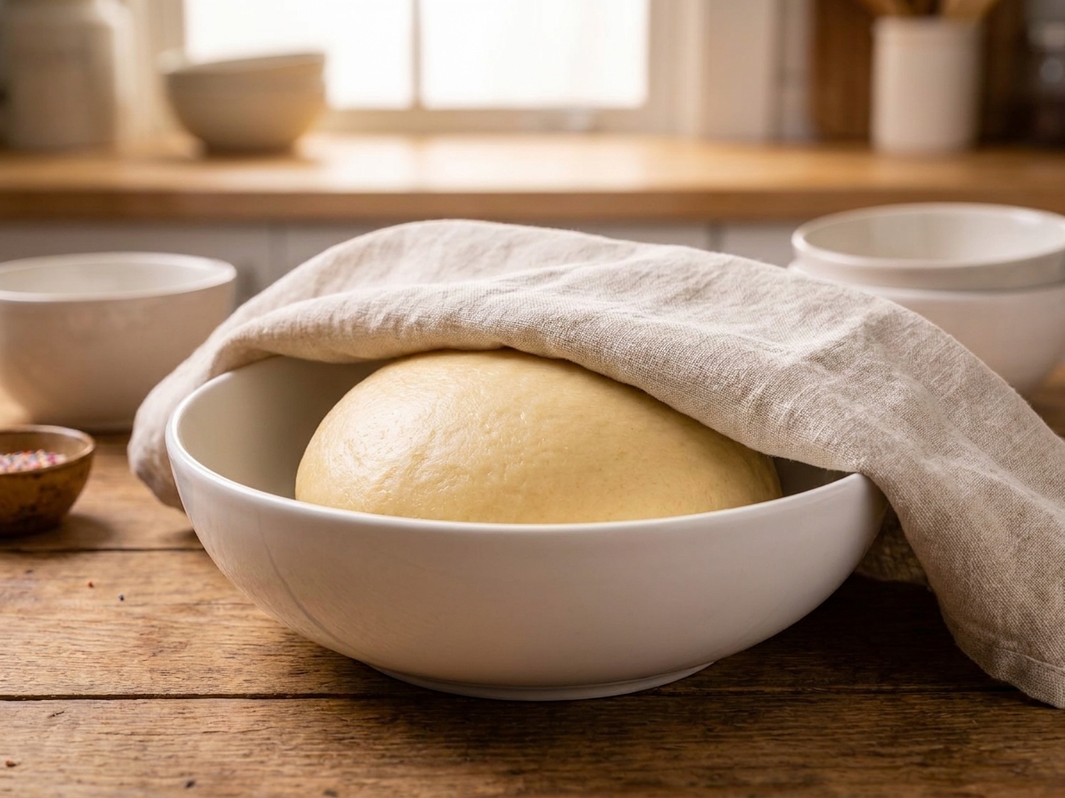 A smooth ball of struffoli dough resting in a mixing bowl covered with a clean kitchen towel on a wooden counter