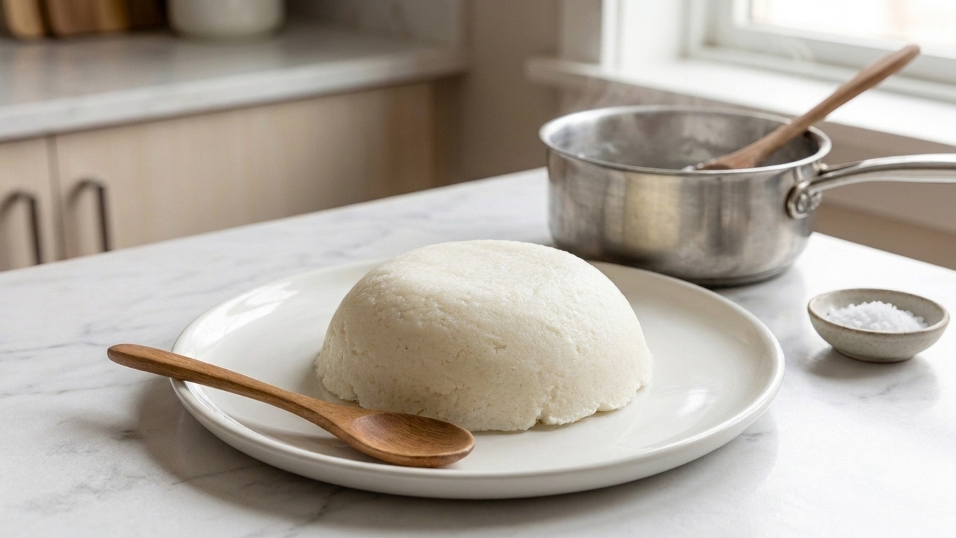 A smooth dome of ugali turned out onto a plate, with a pot and wooden spoon in the background on a home kitchen counter