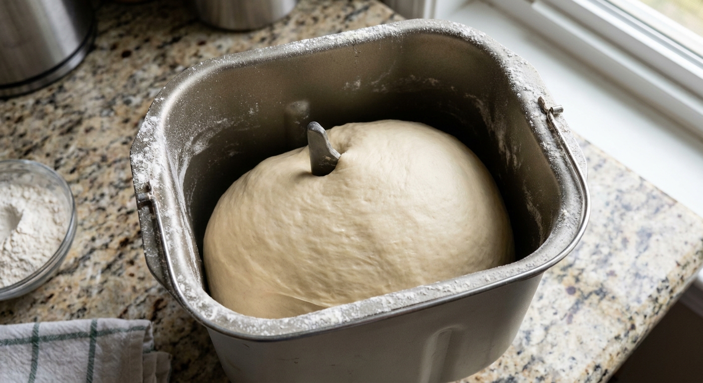 A smooth dough ball kneading in a bread machine pan with a lightly floured rim on a kitchen counter