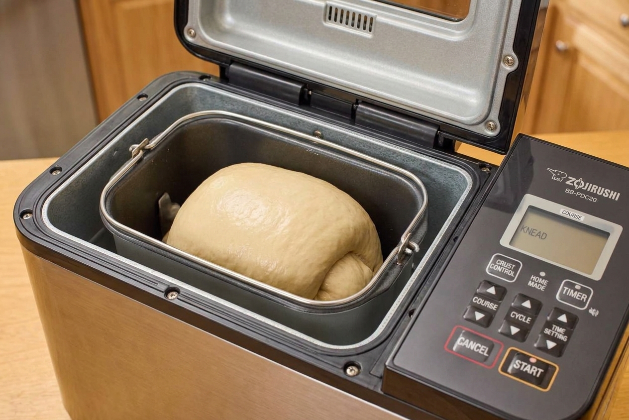 A smooth dough ball mixing in a bread machine pan, pulling away from the sides cleanly