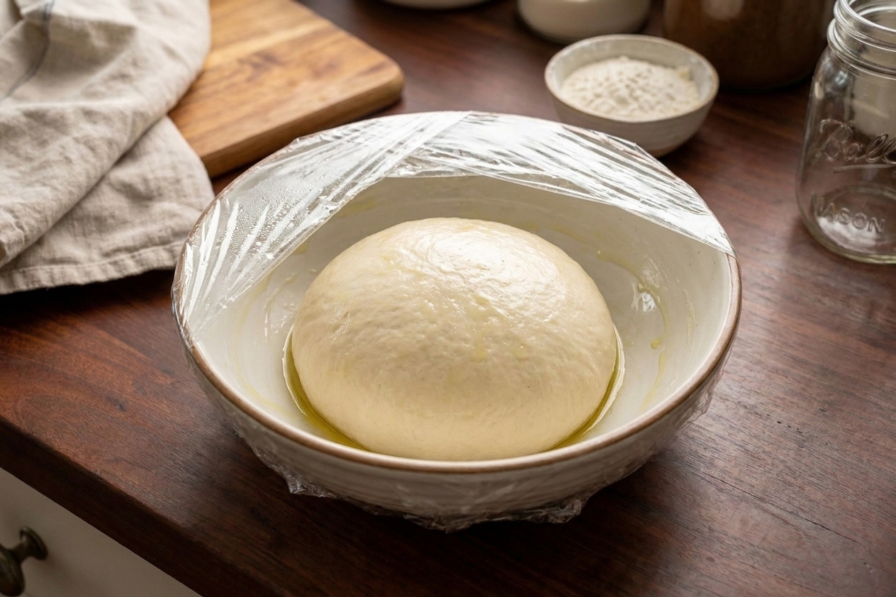 A smooth dough ball resting in a lightly greased bowl covered with plastic wrap on a kitchen counter