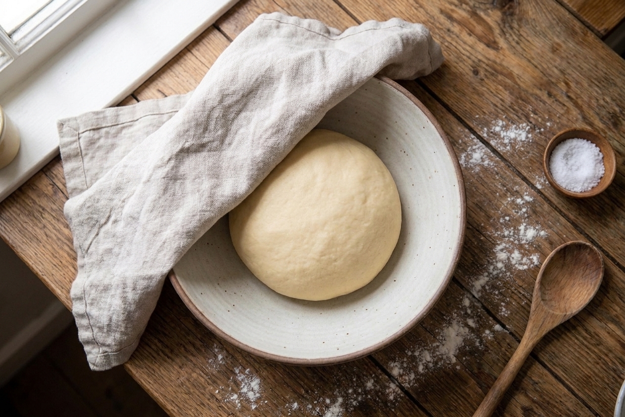 A smooth dough ball resting in a mixing bowl covered with a clean kitchen towel