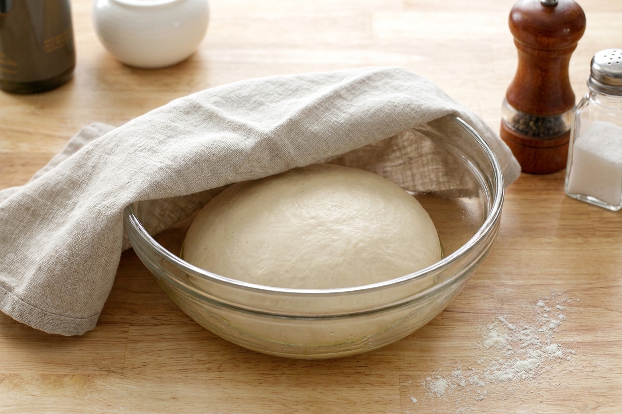 A smooth dough ball resting in an oiled glass bowl, covered with a towel on a kitchen counter as it rises