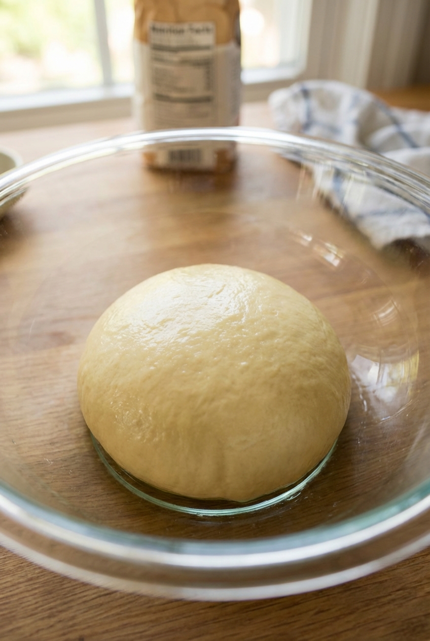 A smooth, elastic ball of milk bread dough resting in a lightly oiled bowl