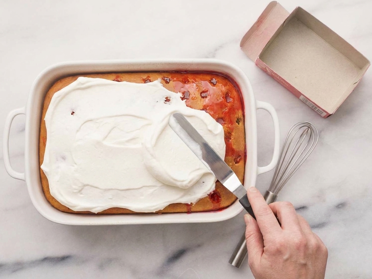 A smooth layer of whipped topping being spread over a chilled poke cake in a 9x13 pan