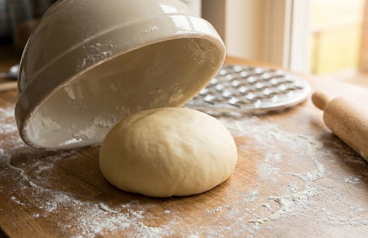 A smooth pelmeni dough ball resting under an inverted mixing bowl on a lightly floured countertop