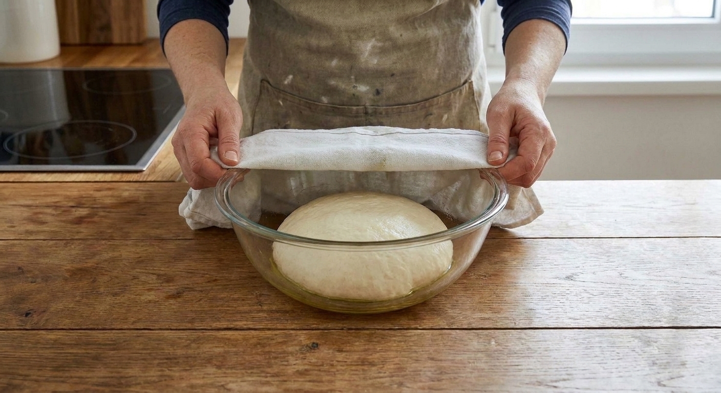 A smooth, slightly tacky bread dough ball resting in an oiled glass bowl on a kitchen counter, ready for the first rise