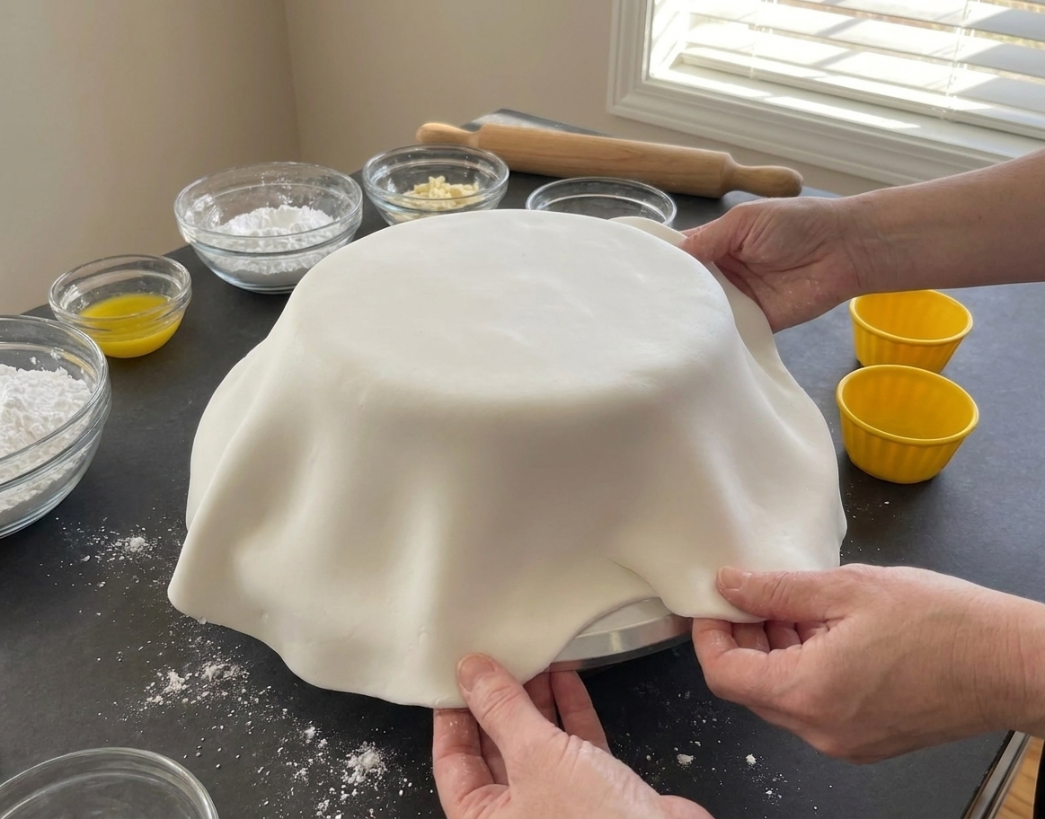 A smooth white fondant drape being laid over a round frosted cake on a turntable in a bright home kitchen
