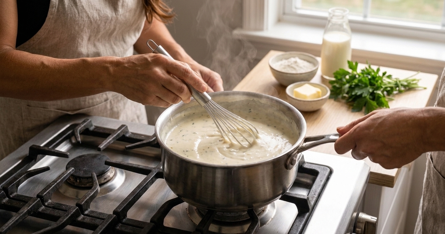 A smooth white sauce being whisked in a stainless steel saucepan on a stovetop as it thickens