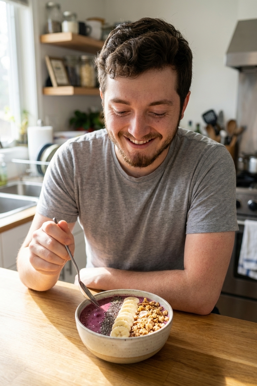 A smoothie bowl topped with sliced banana and granola