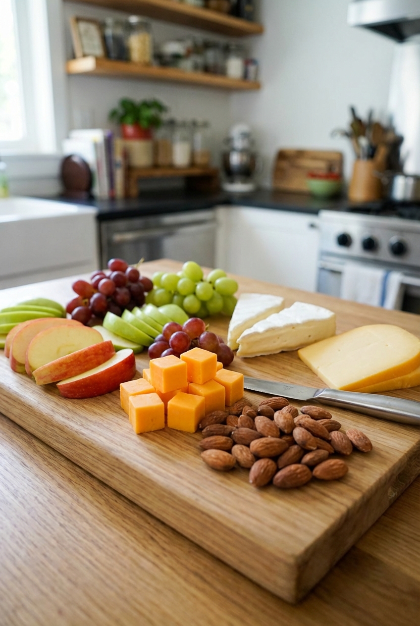 A snack board with sliced apples, grapes, cheese, and almonds