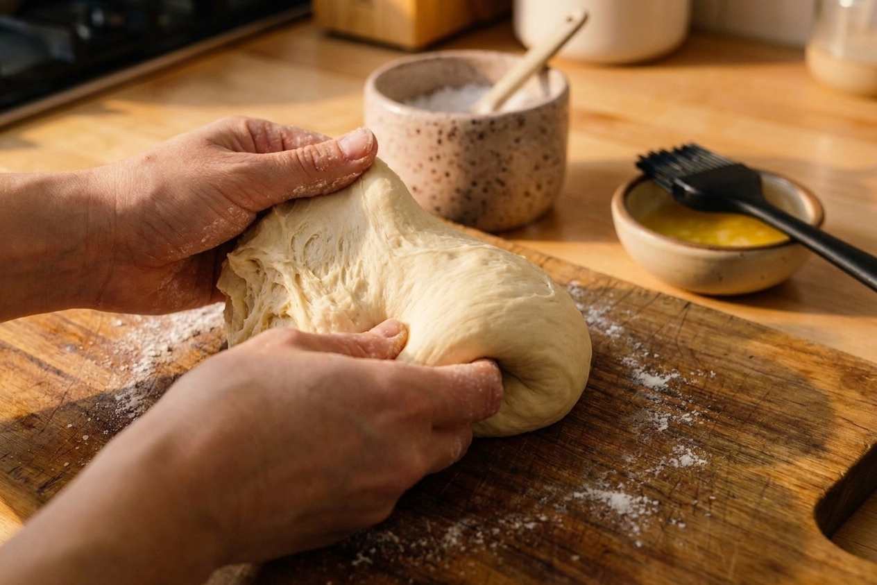 A soft bread dough being kneaded on a lightly floured kitchen counter as it turns smooth and elastic