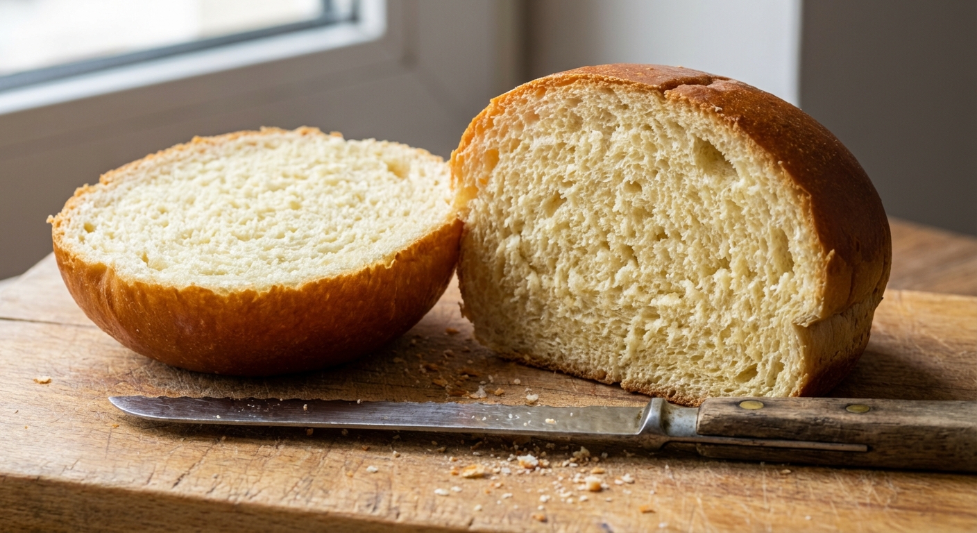 A soft burger bun sliced open showing a fluffy tender crumb on a wooden cutting board