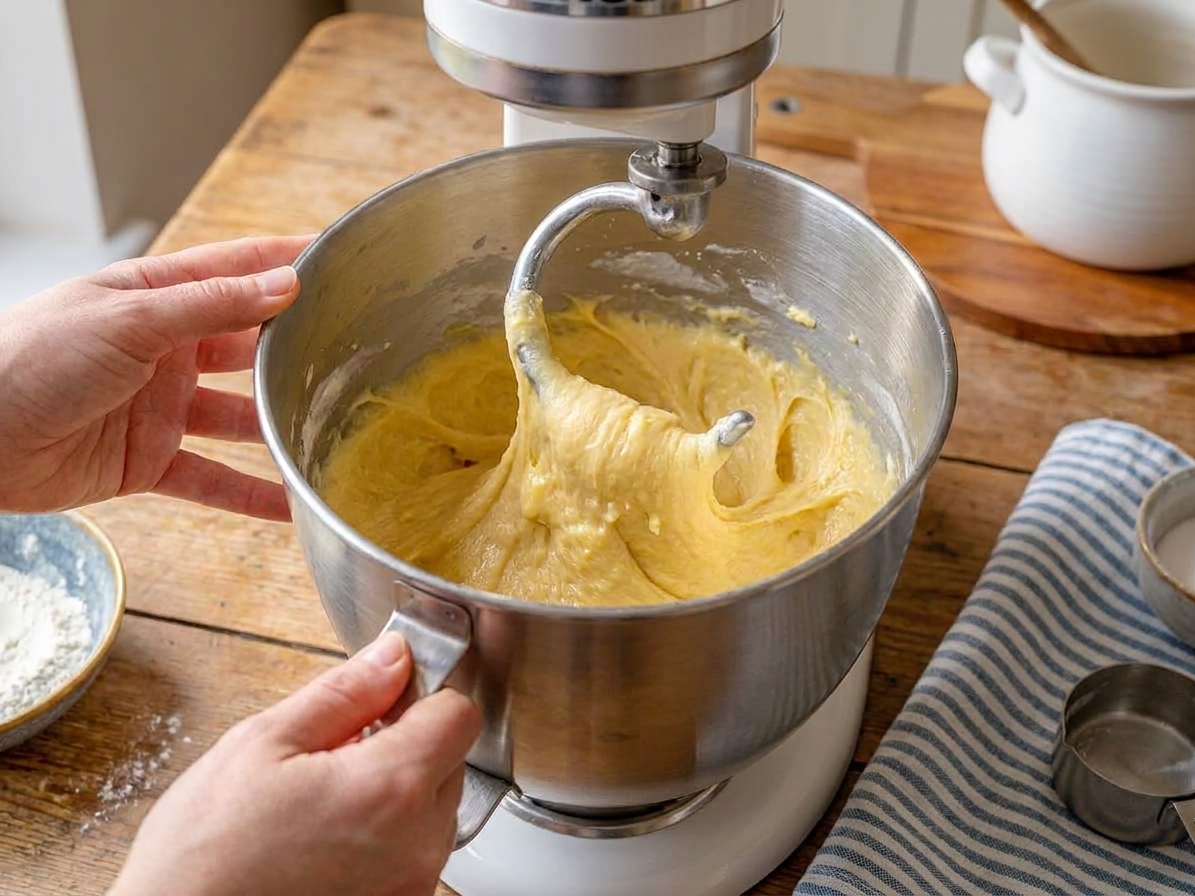 A soft, enriched donut dough mixing in a stainless steel stand mixer bowl with a dough hook