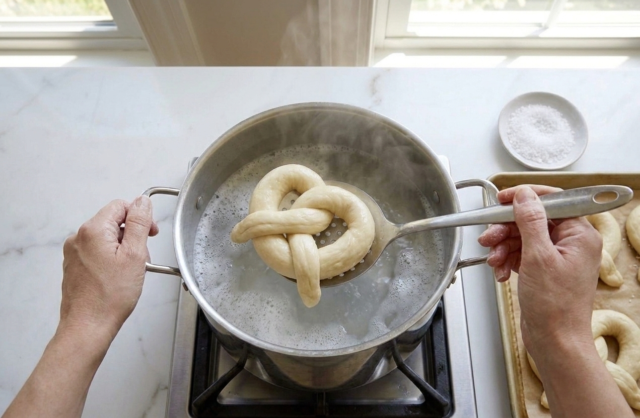 A soft pretzel being lifted from a steaming baking soda water bath with a slotted spoon over a pot on the stove