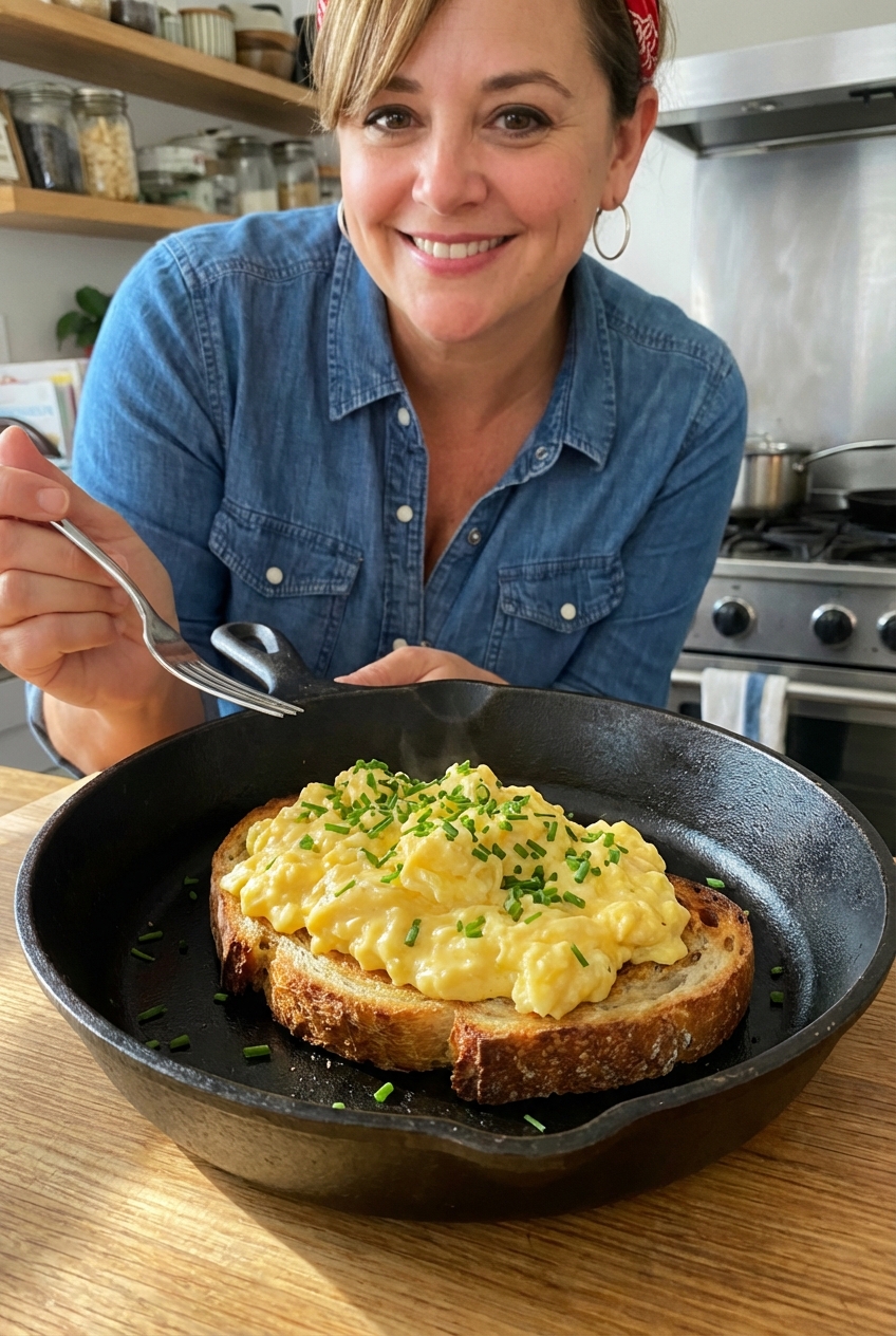A soft scrambled egg on toast with chives in a skillet