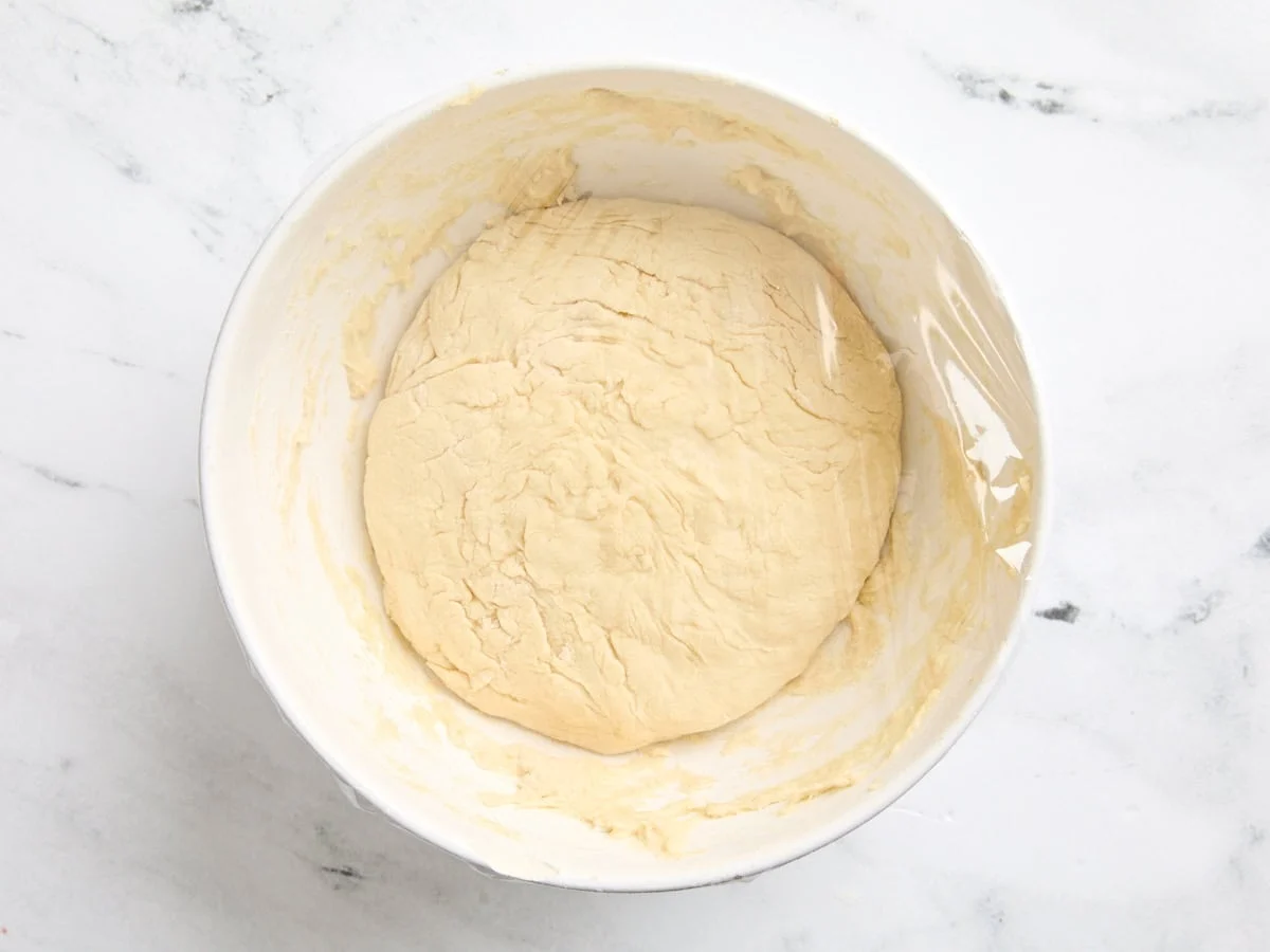 A soft, slightly sticky naan dough resting in a mixing bowl on a kitchen counter, ready to rise