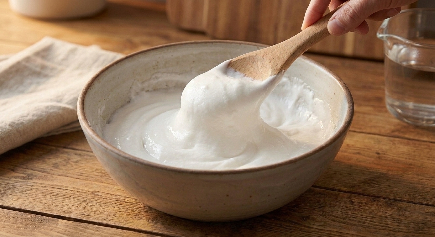 A soft white slime base pulling away from the sides of a mixing bowl as it thickens