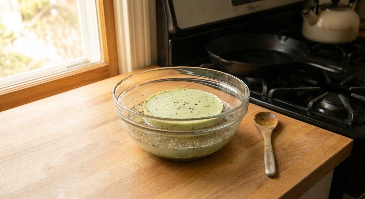 A solid chilled disk of MMJ butter resting in a bowl with separated water underneath