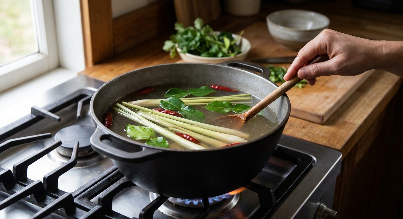 A soup pot on the stove with lemongrass, makrut lime leaves, and chiles simmering in clear broth